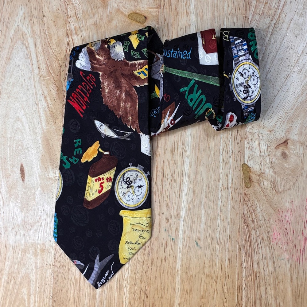 Vintage Nicole Miller Silk Necktie Mens OS Black Excellent 1992 Legal Law Print